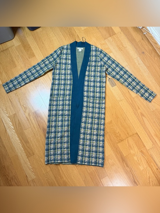 Christian Siriano Sweaters - Christian Siriano NWT Plaid Open Front Long Cardigan Sweater Teal Multi L Preppy
